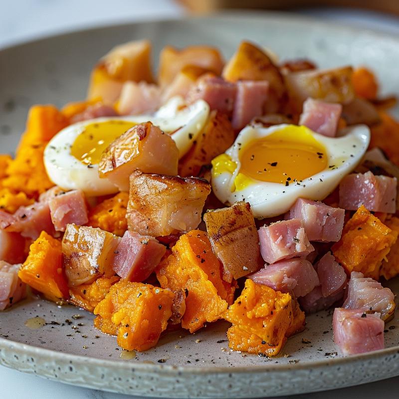 Close-up of turkey ham and sweet potato hash topped with eggs on a light grey plate.