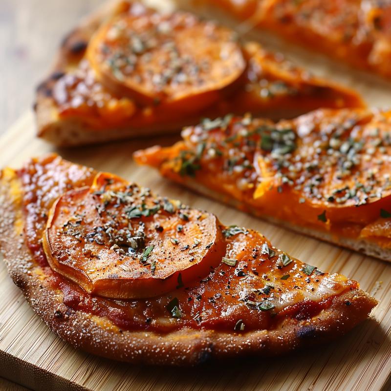 Close-up of a slice of sweet potato pizza on a wooden board with a smooth texture.
