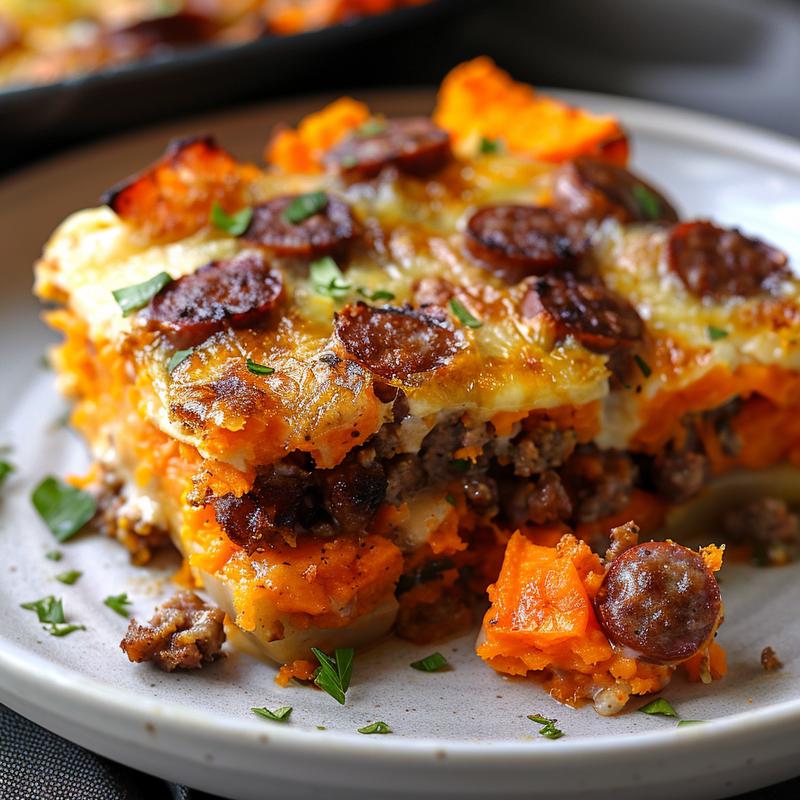 Close-up of a sweet potato beef sausage breakfast casserole on a light grey ceramic plate.