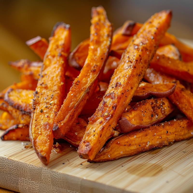 Close-up of crispy sweet potato fries on a wooden board, showcasing texture and golden color.