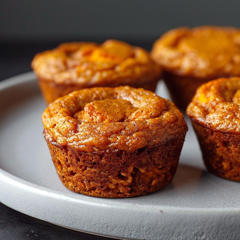 Close-up of moist sweet potato muffins on a simple grey plate with natural light.