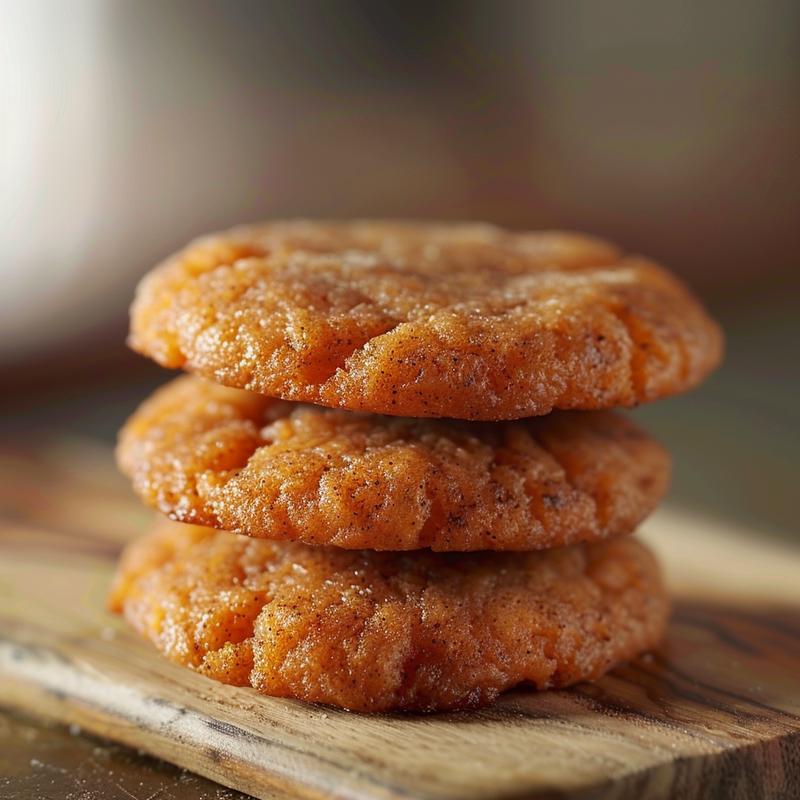 Close-up of three cinnamon sweet potato breakfast cookies stacked on a wooden board.
