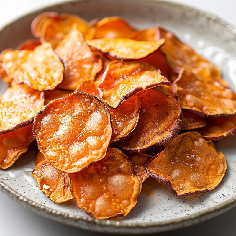 Close-up of crispy sweet potato chips on a light grey ceramic plate.