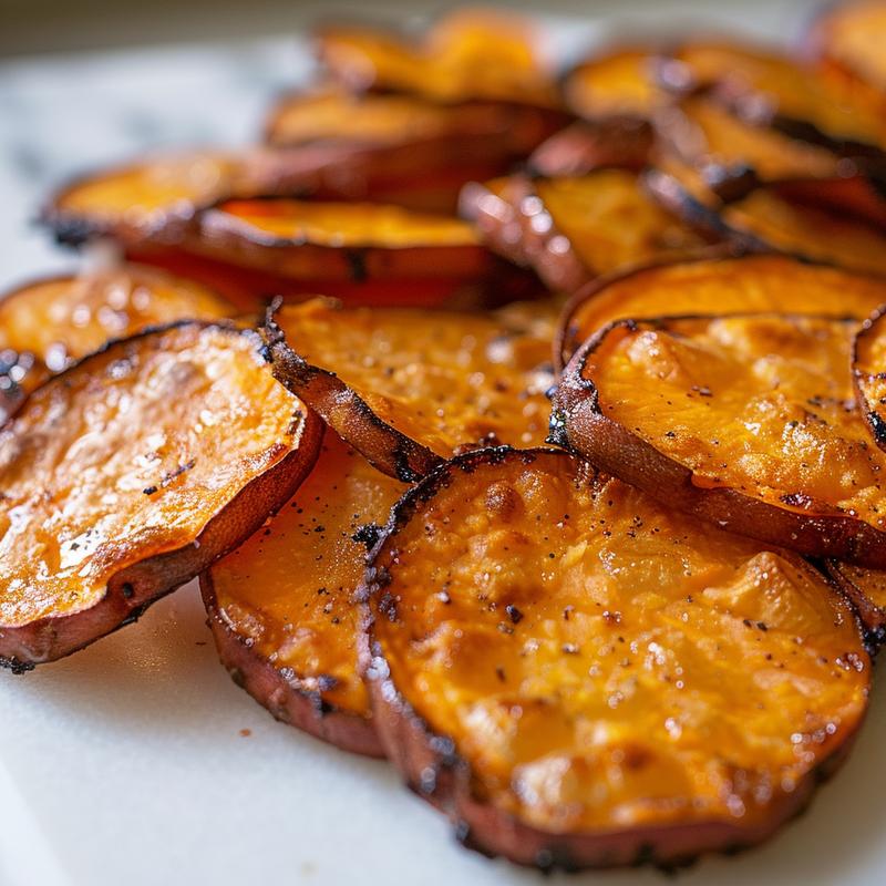 Close-up of golden, crispy sweet potato slices on a marble surface, with soft shadows.