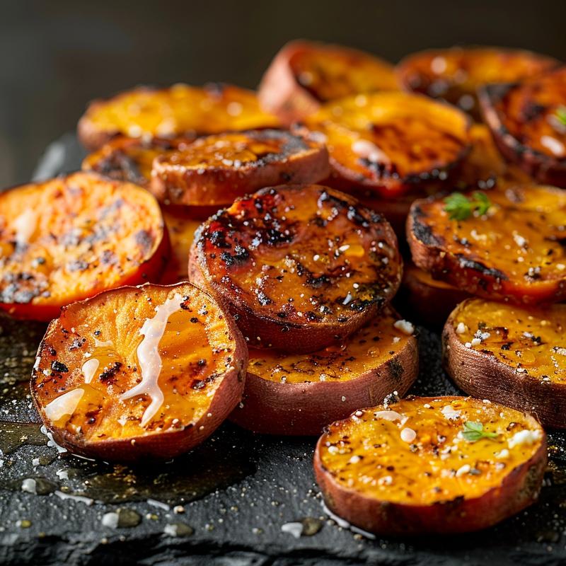 Close-up of roasted sweet potato rounds topped with crumbled honey feta cheese on a dark countertop.