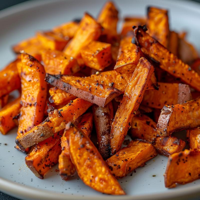 Close-up of crispy air fryer sweet potato fries on a light grey plate.