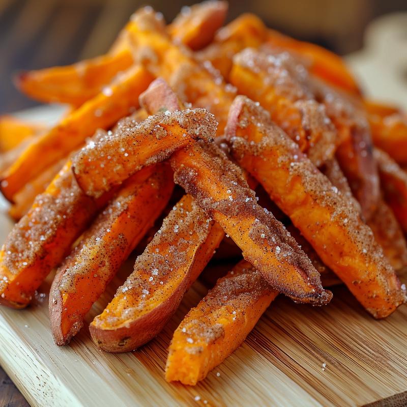 Close-up of golden air fryer sweet potato fries dusted with cinnamon sugar on a wooden board.