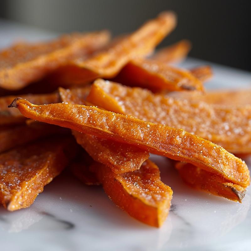 Close-up of golden sweet potato fries on a white marble surface.