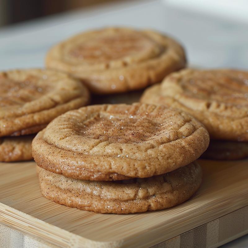 A close-up of a stack of vegan snickerdoodles on a light wood board.