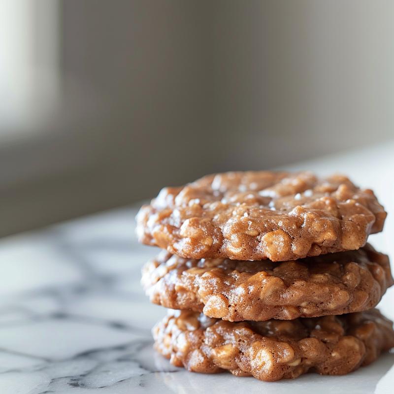 Extreme close-up of three classic no bake cookies stacked on a white marble surface.