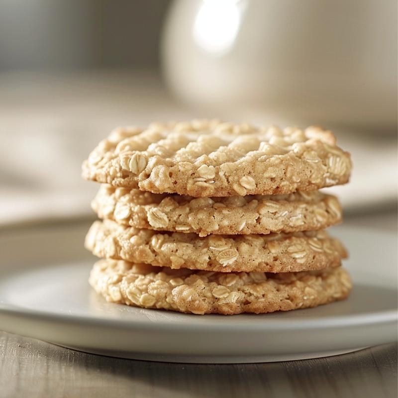 A stack of three freshly baked vegan oatmeal cookies on a light grey ceramic plate.