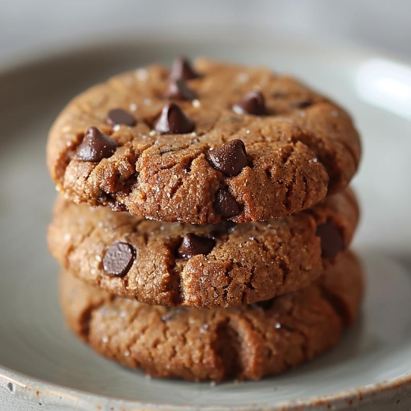 A close-up of three freshly baked gluten-free chocolate chip cookies on a light grey ceramic plate.