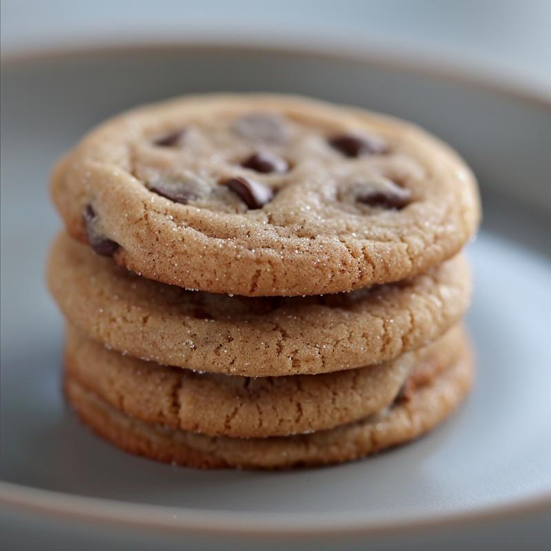 A close-up view of three stacked chocolate chip sugar cookies on a light grey ceramic plate.