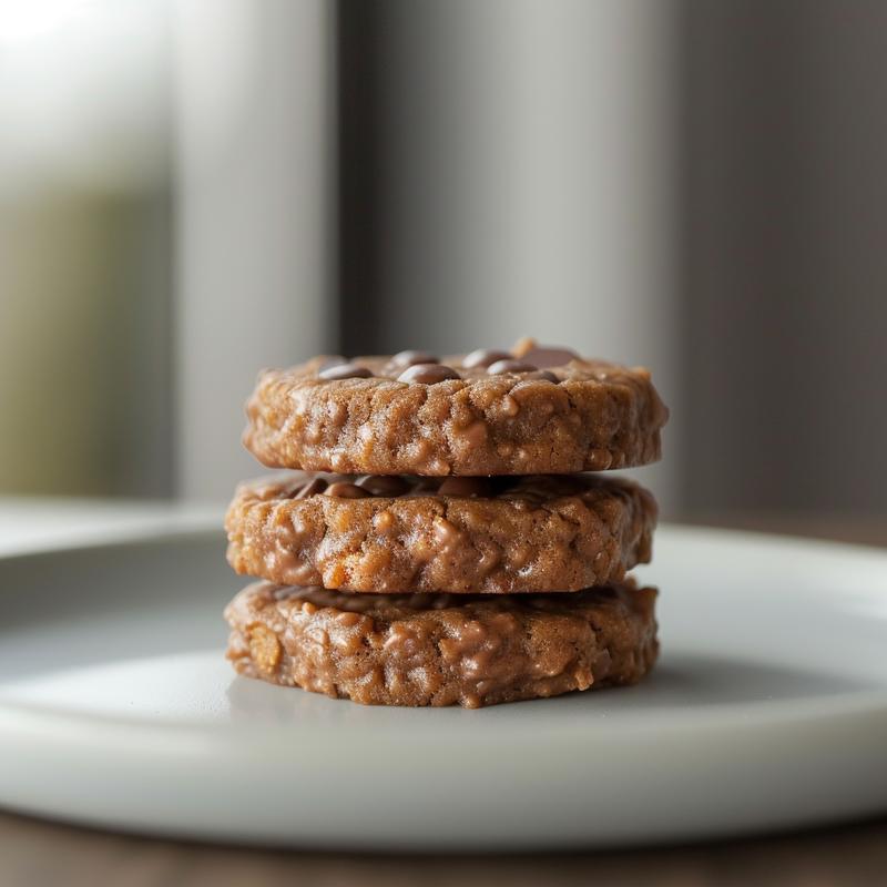 Close-up of three no bake cookies with chocolate chips stacked on a light grey ceramic plate.