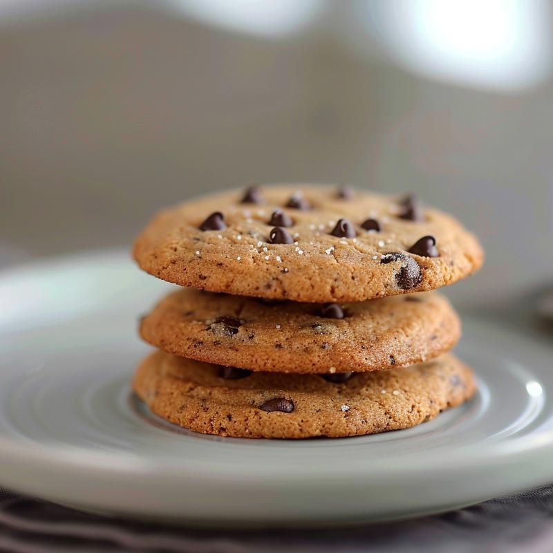 A close-up of three stacked chocolate chip Christmas cookies on a light grey ceramic plate.