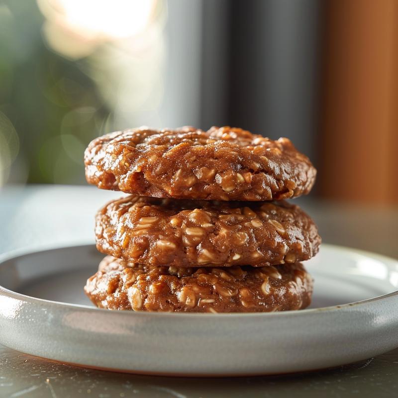 A close-up of three no bake Christmas cookies stacked on a light grey plate with a soft background.