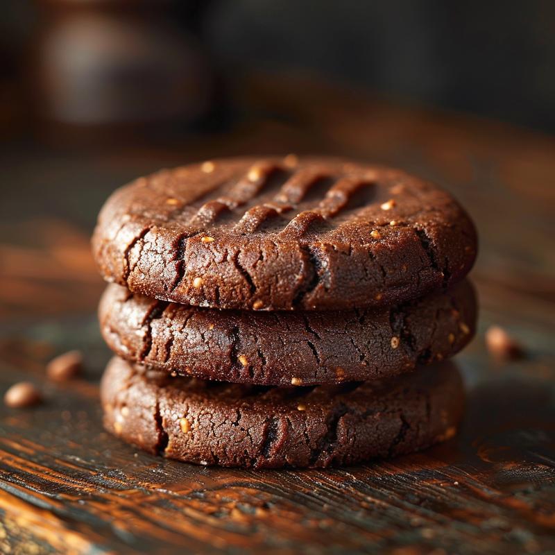 A close-up stack of three keto flourless fudge cookies on a dark wooden table.