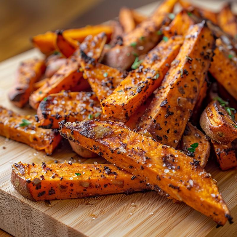 Close-up of crispy, golden sweet potato fries on a light wood board.