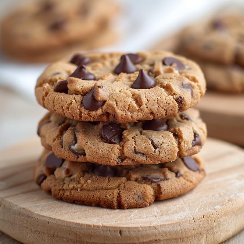 A close-up of three softbatch cream cheese chocolate chip cookies stacked on a light wood board.