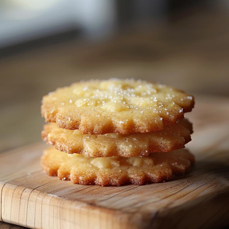 Close-up of three lemon snowflake cookies stacked on a light wood board.