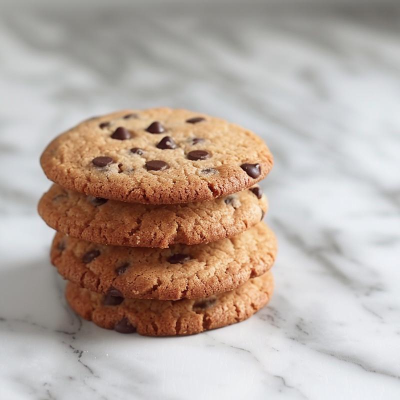A stack of three chewy almond flour chocolate chip cookies on a white marble surface.