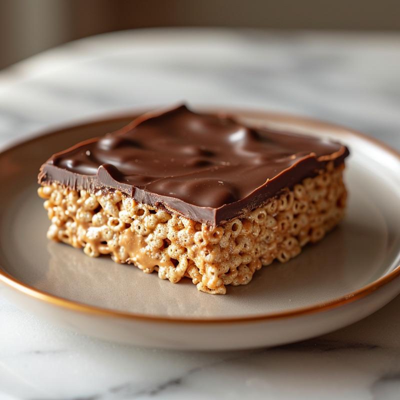 Extreme close-up of a slice of no bake rice krispies cookie topped with peanut butter and chocolate on a marble plate.