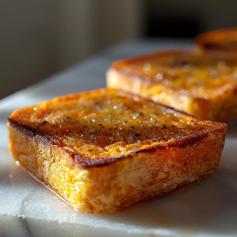 Close-up of a beautifully arranged slice of sweet potato toast on a white marble surface.