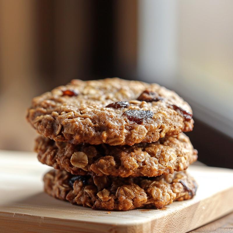 A stack of three freshly baked vegan oatmeal cookies on a light wood board with natural lighting.