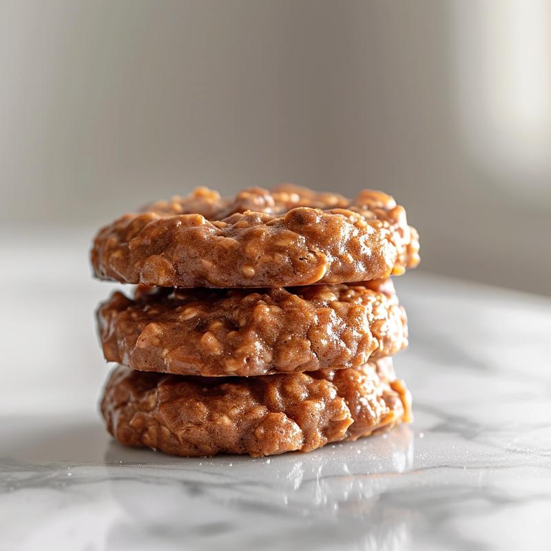 A close-up of three no bake cookies stacked on a white marble surface.