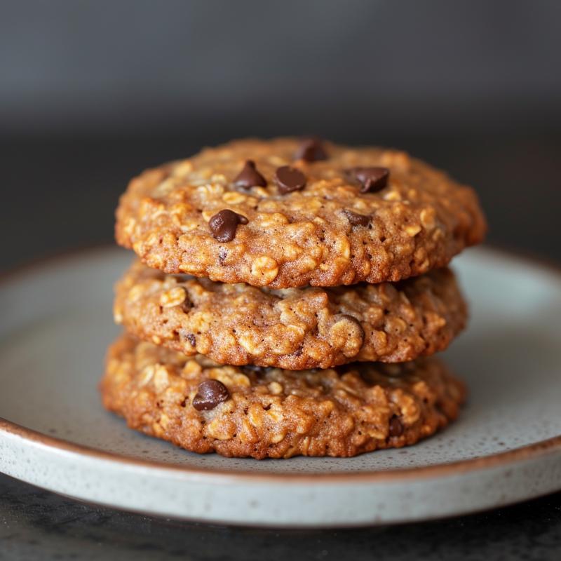 Three freshly baked oatmeal chocolate chip cookies stacked on a light grey ceramic plate.