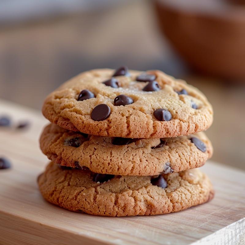 A close-up of three softbatch cream cheese chocolate chip cookies stacked on a light wood board.