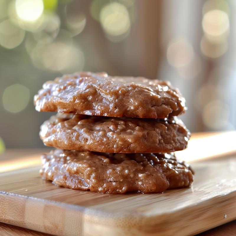 A close-up of three stacked no-bake cookies on a wooden board, showcasing their texture.