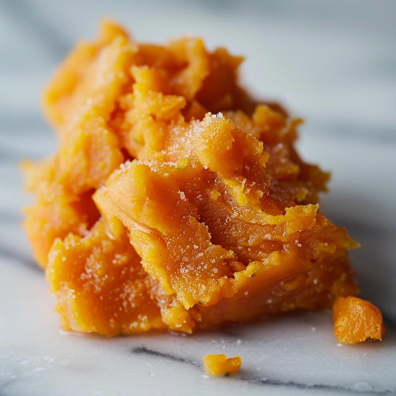 Close-up of three servings of sweet potato baby food puree on a white marble surface.
