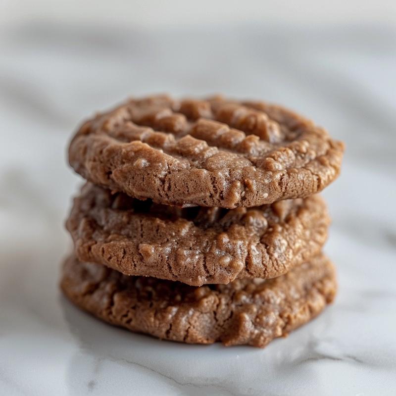 A close-up of three stacked gluten-free hot chocolate cookies on a white marble surface.