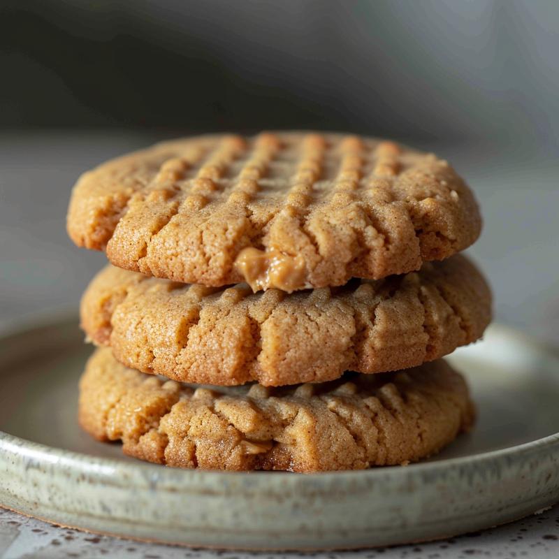 A close-up of a stack of three keto peanut butter cookies on a light grey plate.