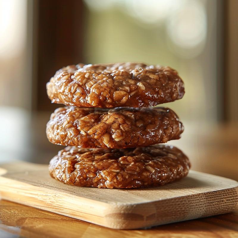 Three no bake Christmas cookies stacked on a light wood board with natural textures.