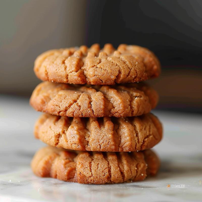 A close-up of three keto peanut butter cookies stacked on a white marble surface.