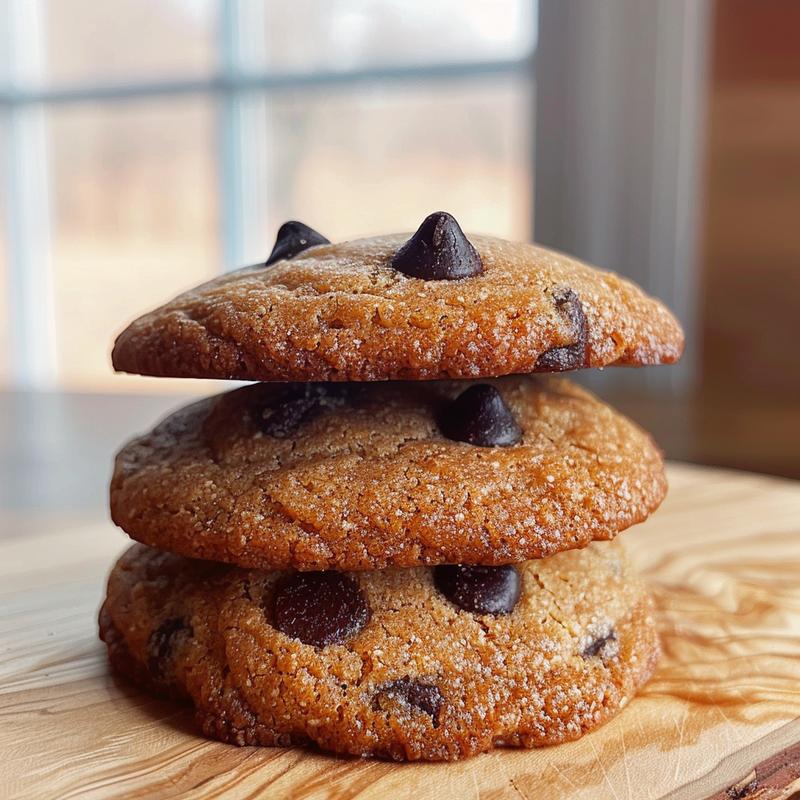 A close-up of a stack of three chewy almond flour chocolate chip cookies on a light wood surface.