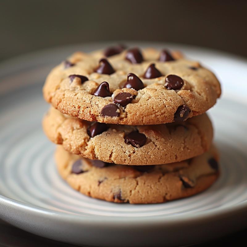 A stack of three sugar-free chocolate chip cookies on a light grey ceramic plate.