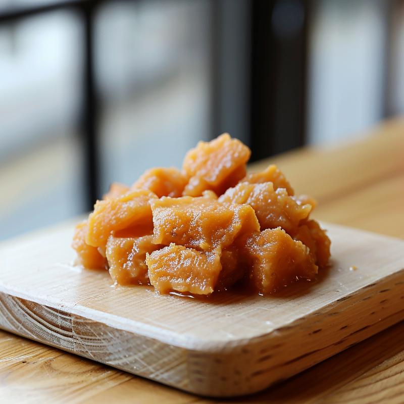 Close-up of creamy sweet potato baby food in a small dish on a wood board, showcasing its smooth texture.