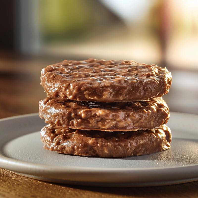 A close-up of three chocolate no-bake cookies stacked on a light grey ceramic plate.