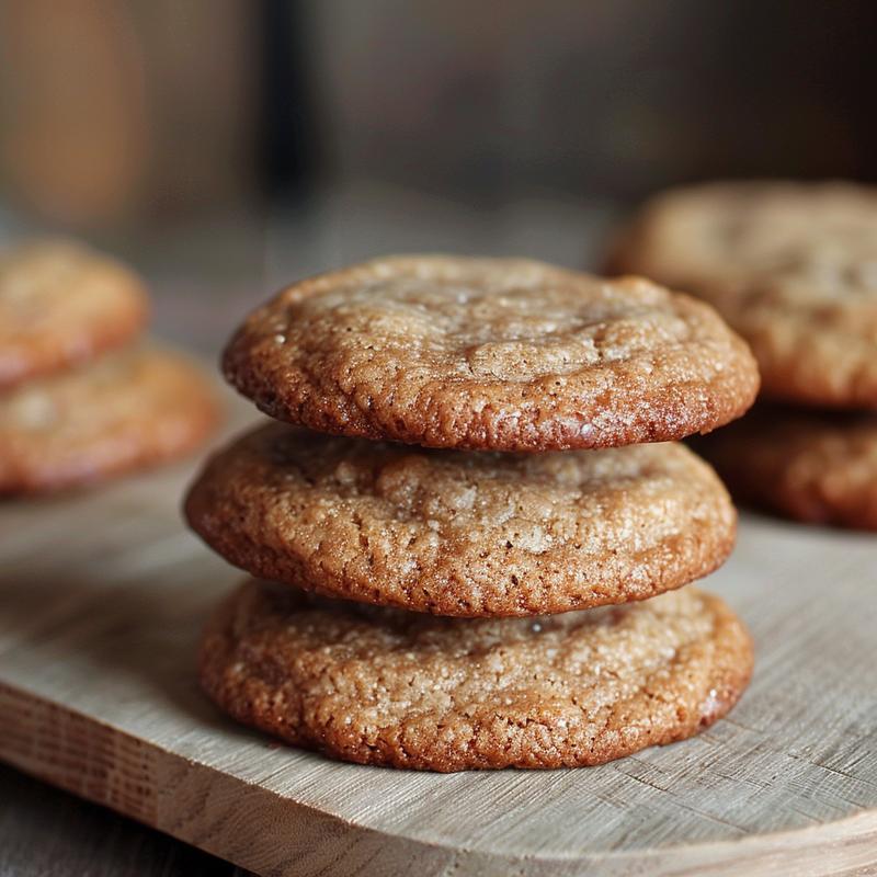 A close-up of three diabetic-friendly cookies stacked on a light wooden board.