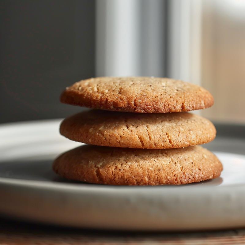 A close-up view of three soft almond flour cookies stacked on a light grey ceramic plate.