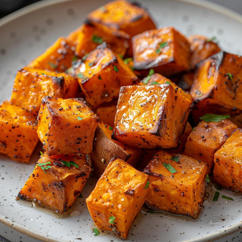 Close-up of golden-brown air fryer sweet potato cubes on a light grey ceramic plate.