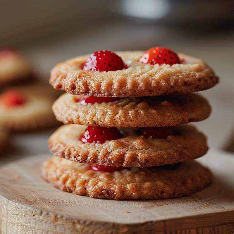 A close-up view of three stacked strawberry cream cheese cookies on a wooden board.
