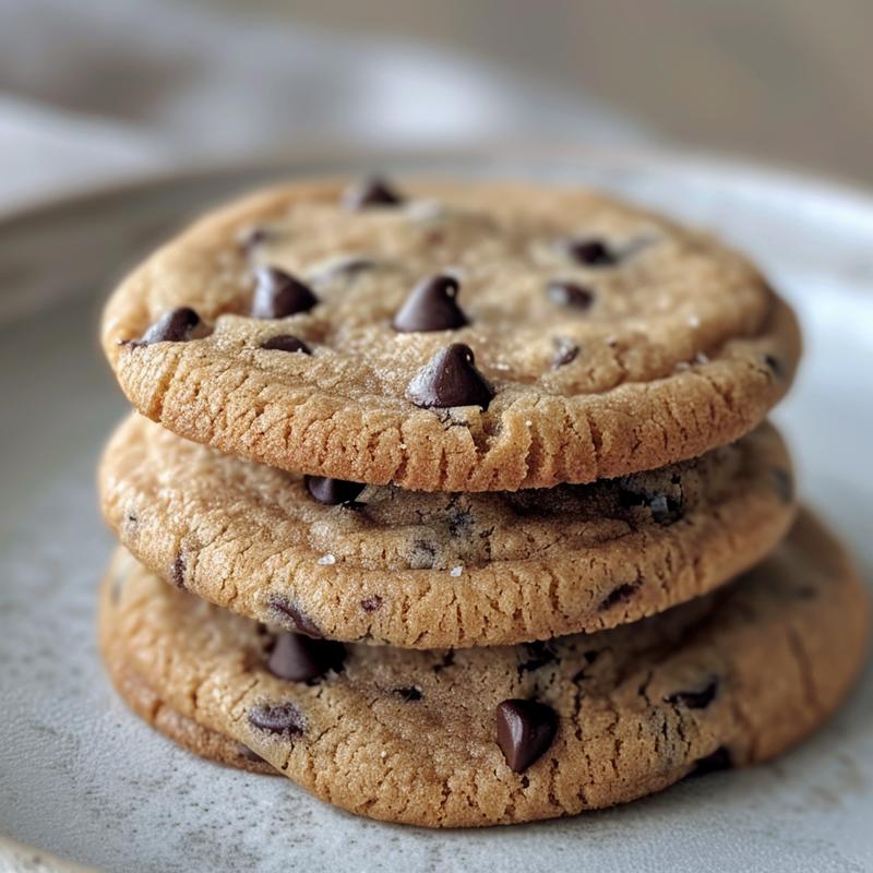 A stack of three dairy-free chocolate chip cookies on a light grey ceramic plate.