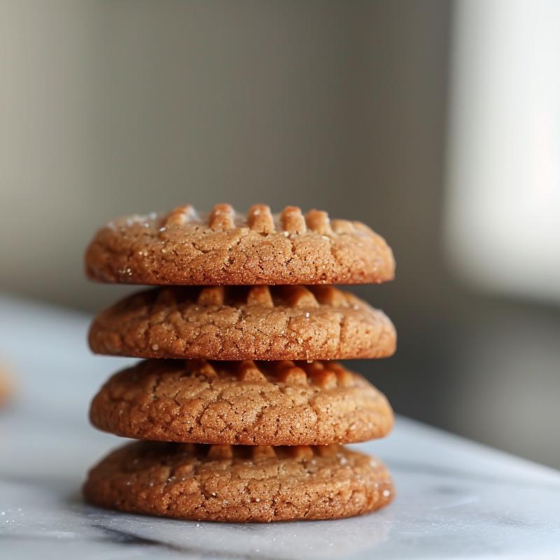 A close-up of a stack of three eggless cookies on a white marble surface, illuminated by natural light.