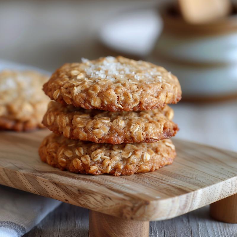 A close-up of a stack of three oatmeal cookies on a light wood surface.
