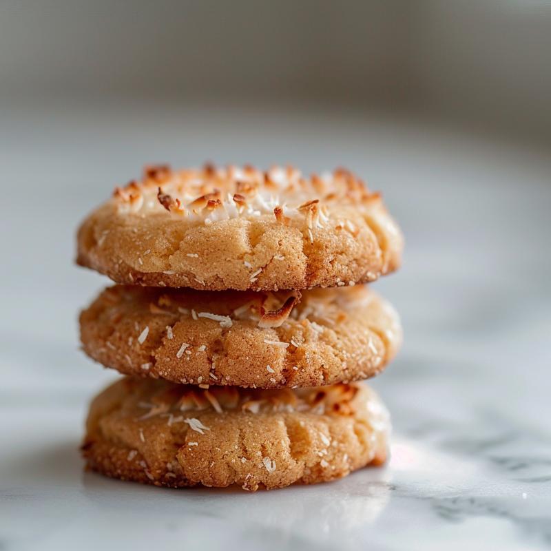 A close-up view of three eggless coconut cookies stacked on a white marble surface.