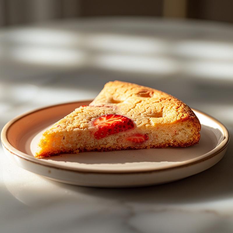 A perfect slice of strawberry cake mix cookies on a minimalist white plate against a marble background.